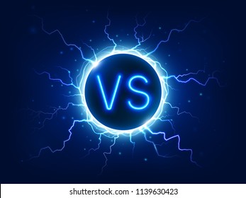 Neon versus sign. VS competition symbol with lightning, electrical discharges for fighting confrontation mma matches show logo. Duel, fight and battle blue sphere banner icon vector concept