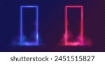 Neon vertical blue and red rectangular frames with smoke. VS concept. Vector glowing portals with flashes isolated on transparent background