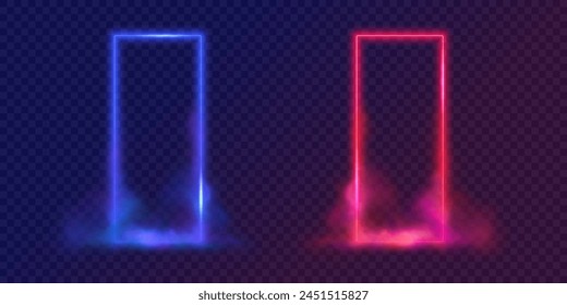 Marcos rectangulares azules y rojos de Vertical de neón con humo. Concepto VS. Vector portales brillantes con destellos aislados sobre fondo transparente