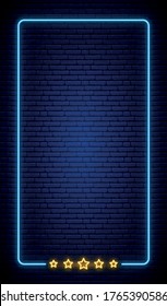 Neon vertical frame banner on brick wall. Realistic neon frame with five stars. Star rating. Vector neon design template. svg