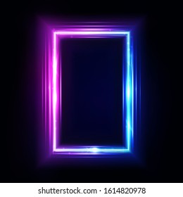 Neon vertical rectangle frame, border. Neon lights sign. Vector abstract background, tunnel, portal. Geometric glow outline rectangular shape, laser glowing lines. Abstract background