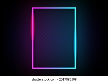 Neon vertical rectangle framer. Pink to blue gradient isolated on transparency with shadow background vector. Geometric glowing outline . Neon line in graphic style panel.