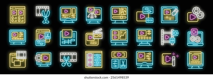 Neon video editing icons glow, symbolizing digital content creation, post production, and multimedia software