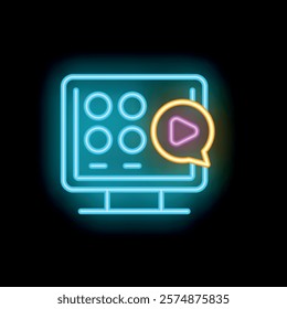 Neon video player interface on a computer screen glowing on a dark background