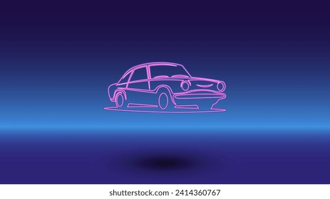 Neon vintage car symbol on a gradient blue background. The isolated symbol is located in the bottom center. Gradient blue with light blue skyline