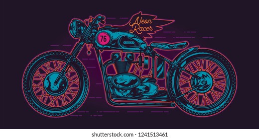 Neon vintage motorcycle. Original vector illustration of a motorcycle.