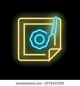 Neon vinyl record icon glowing on dark background, representing audio equipment for music listening