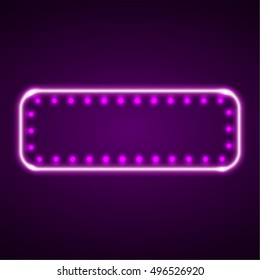 The neon violet frame with LED illumination in a retro style. The shining billboard with the place for the text. The vectorial burning template in ancient style. A rectangular sign with lamps.