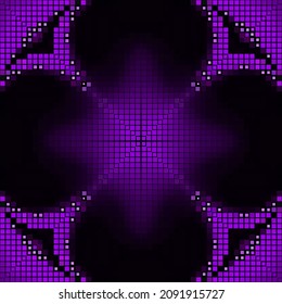 Los cuadros de media tonalidad violeta de neón no tienen fisuras. Moderno y futurista fondo digital brillante. Repetir el fondo floral de medio tono. Ornamentos brillantes a cuadros en colores violeta violeta. Diseño de mosaico ordenado.