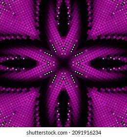 Los cuadros de media tonalidad violeta de neón no tienen fisuras. Moderno y futurista fondo digital brillante. Repetir el fondo floral de medio tono. Ornamentos brillantes a cuadros en colores violeta violeta. Diseño de mosaico ordenado.