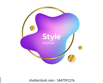 Neon violet modern liquid element with sample text. Dynamic colored form. Gradient abstract banner with liquid shape and golden circle frame. Template for logo, flyer, presentation design. Vector