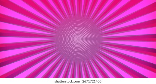 Fondo degradado de arte pop violeta de neón. Abstractas Fondo de color brillante. Fondo de Vector de Web de moda radial de arte Pop. Anuncio de Vector de moda de color neón para.. Eps10