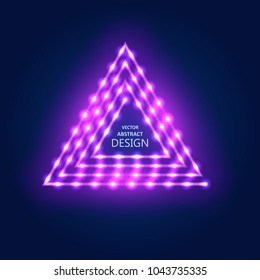 Neon violet sign with LED illumination in retro style. The shining billboard with the place for the text. The vectorial burning template in ancient style.The triangular sign with lamps.