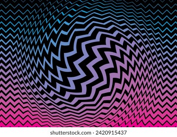 Neon violet-blue pattern on a black background of twisted zigzag lines. Modern geometric vector pattern for covers, posters, cards, advertising. Halftones