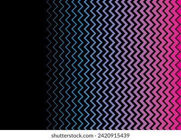 Neon violet-blue pattern on a black background of vertical zigzag lines. Modern geometric vector pattern for covers, posters, cards, advertising. Halftones