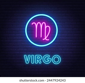 Neon Virgo Sign on brick wall background.