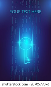 Neon Virtual Key On The One Of The Data Stream. Vector Illustration On The Topic Of Cybersecurity. Template For A Vertical Banner Or Poster.