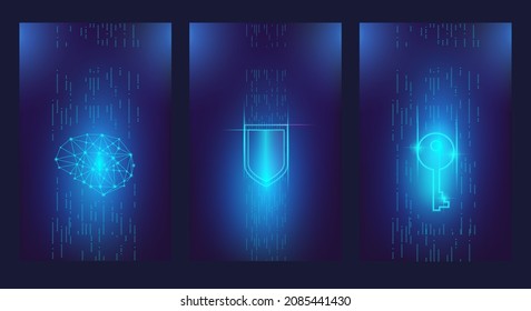 Neon Virtual Key, Shield And Brain On The Data Stream. Vector Illustration On Cybersecurity And Virtual Reality. A Set Of Templates For A Vertical Banner Or Cover.