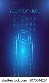 Neon Virtual Lock On The One Of The Data Stream. Vector Illustration On The Topic Of Cybersecurity. Template For A Vertical Banner Or Poster.