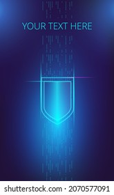 Neon Virtual Shield On The One Of The Data Stream. Vector Illustration On The Topic Of Cybersecurity. Template For A Vertical Banner Or Poster.