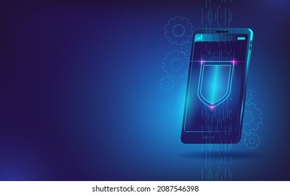 Protector virtual neón en una de las secuencias de datos en el teléfono móvil. Ilustración vectorial sobre el tema de la ciberseguridad de los teléfonos inteligentes. Plantilla para un banner horizontal.