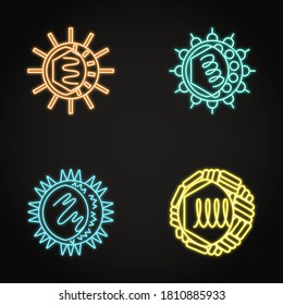 Neon Virus Cell Icons Collection In Line Style. Symbols Of Polio Virus, Varicella Zoster, Rhinovirus And Flavivirus. Vector Illustration.