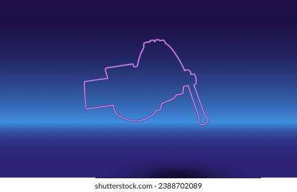 Neon vise symbol on a gradient blue background. The isolated symbol is located in the bottom center. Gradient blue with light blue skyline