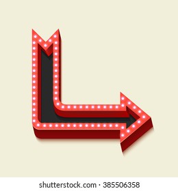 Neon volumetric retro shooter. Vintage pointer with burning yellow lights. Object isolated on white background. Red 3d arrow. Vector illustration