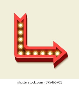Neon volumetric retro shooter. Vintage pointer with burning yellow lights. Object isolated on white background. Red 3d arrow. Vector illustration