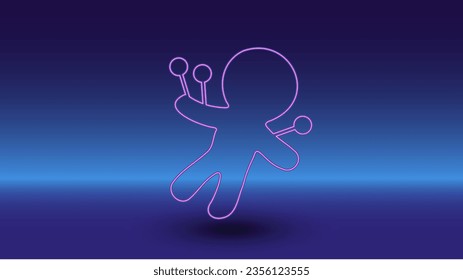 Neon Voodoo Doll symbol on a gradient blue background. The isolated symbol is located in the bottom center. Gradient blue with light blue skyline