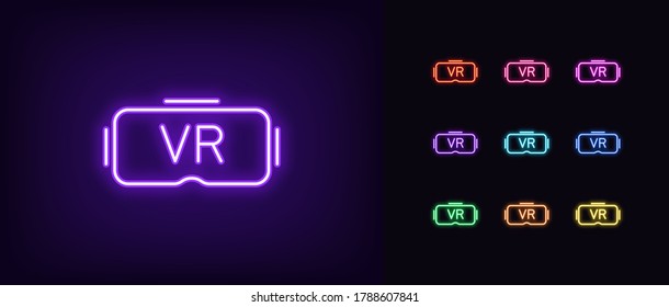 Neon VR glasses icon. Neon VR headset sign, set of isolated symbol for VR technology in vivid colors. Gadget, device of virtual reality. Glowing icon, sign, symbol for UI design. Vector illustration