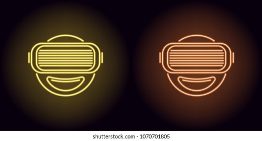 Neon VR glasses in yellow and orange color. Vector illustration of neon emoji with glasses of virtual reality consisting of outlines, with backlight on the dark background