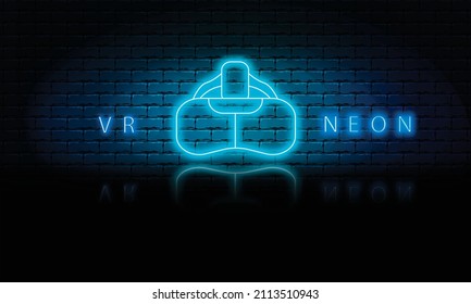 Neon VR helmet icon, glowing vr device on brick wall background, vector illustration