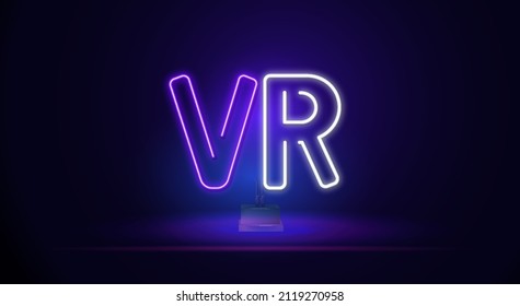 Neon VR lettering icon. Glowing VR text sign in neon style. Gadget, device of virtual reality. Vector template for UI design, web butoms, logo design.