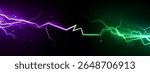 Neon vs thunder clash with purple electric bolt meeting green lightning strike. Glowing energy collision with bright sparks scattered on dark bg for gaming competition, futuristic confrontation effect
