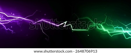 Neon vs thunder clash with purple electric bolt meeting green lightning strike. Glowing energy collision with bright sparks scattered on dark bg for gaming competition, futuristic confrontation effect