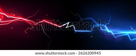 Neon vs thunder - glowing red and blue electric lightning bolts clash. Dynamic abstract energy flows, powerful opposition collision. Futuristic versus vibrant light effect backdrop, competitive match