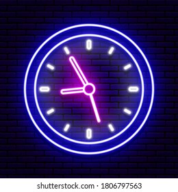 Neon wall clock. Blue and purple color. 8 hours 55 minutes.