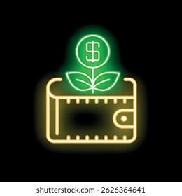Neon wallet with a dollar plant growing out of it, a bright illustration about making your money grow