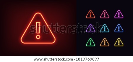 Neon warning icon. Glowing neon warning sign, exclamation mark in vivid colors. Important notification, urgent attention, caution error. Icon set, sign, symbol for UI. Vector illustration