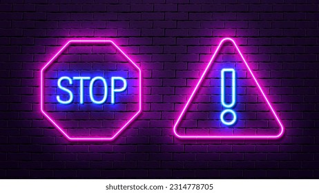 Neon warning signs: stop in the octagon and exclamation mark in the polygon. Bright blue and pink forbidding icons.