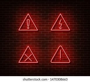 Neon warning signs vector isolated on brick wall. Warning loop light symbol, decoration effect. Neon road signsillustration.