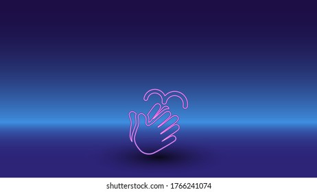 Neon washing hands symbol on a gradient blue background. The isolated symbol is located in the bottom center. Gradient blue with light blue skyline