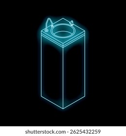 Neon water cooler glowing blue against a black background, perfect for themes of thirst, hydration, or office life