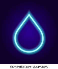 neon water drop. The glow-in-the-dark liquid sign is a neon outline of blue on a dark background. vector isolated cleanliness symbol. Nature freshness concept