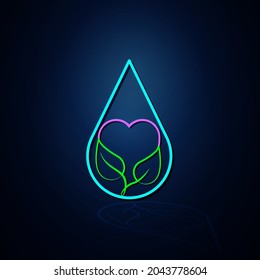 El derrame de agua de neón, el icono del corazón y la hoja se ve claro. Icono de línea de Neon. salud vegana e ícono líquido. Icono de Neon.