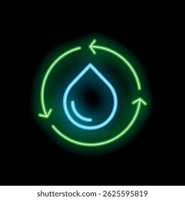 Neon water drop recycling symbol with green arrows emphasizing the concept of water conservation