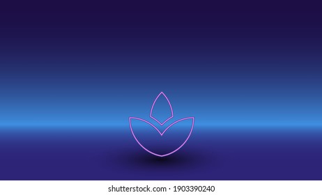 Neon water lily symbol on a gradient blue background. The isolated symbol is located in the bottom center. Gradient blue with light blue skyline