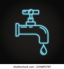 Neon water tap icon in line style. Leaking faucet with liquid drop. Water economy symbol. Vector illustration.
