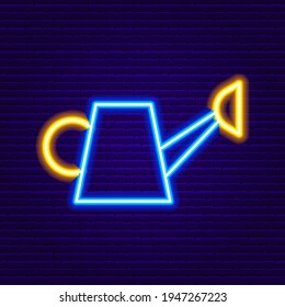 Neon Watering Can Icon. Vector Illustration of Gardening Instrument.